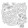Maze or Labyrinth Game. Puzzle. Tangled road. Coloring Page Outline Of cartoon little girl with gifts. Birthday. Coloring book for Royalty Free Stock Photo
