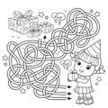 Maze or Labyrinth Game. Puzzle. Tangled road. Coloring Page Outline Of cartoon little girl with gifts. Birthday. Coloring book for Royalty Free Stock Photo