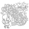 Maze or Labyrinth Game. Puzzle. Tangled road. Coloring Page Outline Of cartoon little girl with gifts. Birthday. Coloring book for Royalty Free Stock Photo