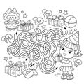Maze or Labyrinth Game. Puzzle. Tangled road. Coloring Page Outline Of cartoon little girl with gifts and with toys. Birthday. Royalty Free Stock Photo