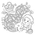 Maze or Labyrinth Game. Puzzle. Tangled road. Coloring Page Outline Of cartoon little hedgehog with basket of mushrooms. Coloring