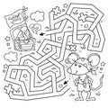 Maze or Labyrinth Game. Puzzle. Tangled road. Coloring Page Outline Of Cartoon little pirate mouse with chest of treasure. Cheese Royalty Free Stock Photo