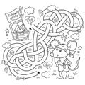 Maze or Labyrinth Game. Puzzle. Tangled road. Coloring Page Outline Of Cartoon little pirate mouse with chest of treasure. Cheese Royalty Free Stock Photo