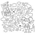 Maze or Labyrinth Game. Puzzle. Tangled road. Coloring Page Outline Of Cartoon little pirate mouse with chest of treasure. Cheese Royalty Free Stock Photo