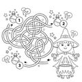 Maze or Labyrinth Game. Puzzle. Tangled road. Coloring Page Outline Of cartoon little witch with magical pot. Magic potion and