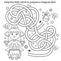 Maze or Labyrinth Game. Puzzle. Tangled road. Coloring Page Outline Of cartoon little witch with magical pot. Magic potion and