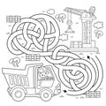 Maze or Labyrinth Game. Puzzle. Tangled road. Coloring Page Outline Of cartoon lorry or dump truck. Elevating crane on build.