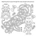 Maze or Labyrinth Game. Puzzle. Tangled road. Coloring Page Outline Of cartoon lovely prince with beautiful princess. Cinderella. Royalty Free Stock Photo