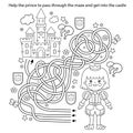 Maze or Labyrinth Game. Puzzle. Tangled road. Coloring Page Outline Of cartoon lovely prince. Beautiful young king. Royal castle