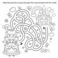 Maze or Labyrinth Game. Puzzle. Tangled road. Coloring Page Outline Of cartoon lovely princess. Beautiful young queen. Royal