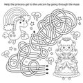 Maze or Labyrinth Game. Puzzle. Tangled road. Coloring Page Outline Of cartoon lovely princess with magic unicorn. Cinderella. Royalty Free Stock Photo