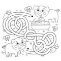 Maze or Labyrinth Game. Puzzle. Tangled road. Coloring Page Outline Of cartoon pig or swine with little piglet. Farm animals with