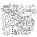 Maze or Labyrinth Game. Puzzle. Tangled road. Coloring Page Outline Of cartoon policeman with car. Profession - police. Coloring