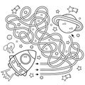 Maze or Labyrinth Game. Puzzle. Tangled Road. Coloring Page Outline Of Cartoon rocket in space. Coloring book for kids