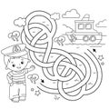 Maze or Labyrinth Game. Puzzle. Tangled road. Coloring Page Outline Of cartoon sailor next to the ship. Profession. Coloring book