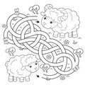 Maze or Labyrinth Game. Puzzle. Tangled road. Coloring Page Outline Of cartoon sheep with little lamb. Farm animals with their