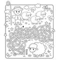 Maze or Labyrinth Game. Puzzle. Tangled road. Coloring Page Outline Of cartoon shepherd with flock of sheep. Farm animals.