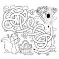 Maze or Labyrinth Game. Puzzle. Tangled road. Coloring Page Outline Of cartoon squirrel with basket of mushrooms. Tree hollow.