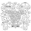 Maze or Labyrinth Game. Puzzle. Tangled road. Coloring Page Outline Of cartoon taxi driver and policeman with cars. Profession.
