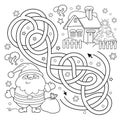 Maze or Labyrinth Game. Puzzle. Tangled Road. Coloring Page Outline Of Santa Claus with gifts bag and Christmas tree. New year. Royalty Free Stock Photo