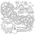 Maze or Labyrinth Game. Puzzle. Tangled Road. Coloring Page Outline Of Santa Claus with gifts bag and Christmas tree. New year. Royalty Free Stock Photo