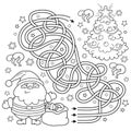 Maze or Labyrinth Game. Puzzle. Tangled Road. Coloring Page Outline Of Santa Claus with gifts bag and Christmas tree. New year.