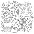 Maze or Labyrinth Game. Puzzle. Tangled Road. Coloring Page Outline Of Santa Claus with gifts bag and Christmas tree. New year. Royalty Free Stock Photo