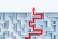 Maze or labyrinth with solution 3D rendering illustration top view with copy space. Red arrow showing the path to the exit.