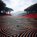 Maze-like red road with striking patterns and optical blending Royalty Free Stock Photo