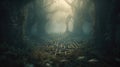 a maze in the middle of a forest with trees in the background and fog in the air above the maze is a