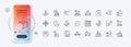 Maze, Packing boxes and Delivery location line icons for web app. Pictogram icon. Phone mockup gradient screen. Vector