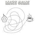 Maze puzzle game for children. Outline maze or labyrinth. Find path game with cake and tea