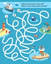 Maze puzzle game for kids. Cute stylised cartoon ship at sea on dock. Vector flat isolated illustration on white