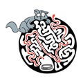 Maze puzzle for kids with cat and milk. Labyrinth illustration, solution included.