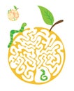 Maze puzzle for kids with caterpillars and apple. Labyrinth illustration, solution included.