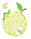 Maze puzzle for kids with caterpillars and apple. Labyrinth illustration, solution included.