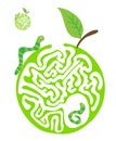 Maze puzzle for kids with caterpillars and apple. Labyrinth illustration, solution included. Royalty Free Stock Photo