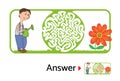 Maze puzzle for kids with gardener and flower. Labyrinth illustration, solution included.