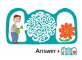 Maze puzzle for kids with gardener and flower. Labyrinth illustration, solution included.