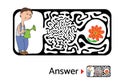 Maze puzzle for kids with gardener and flower. Labyrinth illustration, solution included.