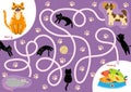 Maze puzzle for kids. Help cute cat find way to food. Activity page