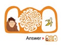 Maze puzzle for kids with monkey and banana. Labyrinth illustration, solution included. Royalty Free Stock Photo