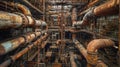 A maze of rusted metal pipes and spools of wire cover the walls of a manufacturing plant creating a maze of industrial Royalty Free Stock Photo