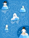 Maze with sea animals. Activity for children. Puzzle game for kids. Help the penguin mom find the penguin dad. Vector