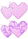 Maze in a shape of two connected pink hearts. Find the way through labyrinth romantic game. Vector symbol of love