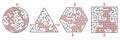 Maze ways. Red line pathfinding. Kids educational labyrinth games. Different shapes puzzles. Right solutions. Searching