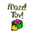 Mazel Tov inscription Hebrew translation I wish you happiness. Gift, apple. Birthday card. Hand draw. Doodle. Vector illustration