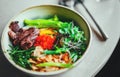 Mazemen Ramen with beef and Vegetables and caviar in bowl Royalty Free Stock Photo