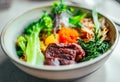 Mazemen Ramen with beef and Vegetables and caviar in bowl Royalty Free Stock Photo