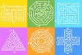 Mazes direction choices. Maze labyrinth game, puzzle square circle shape riddle pattern find right way solution path exit line Royalty Free Stock Photo